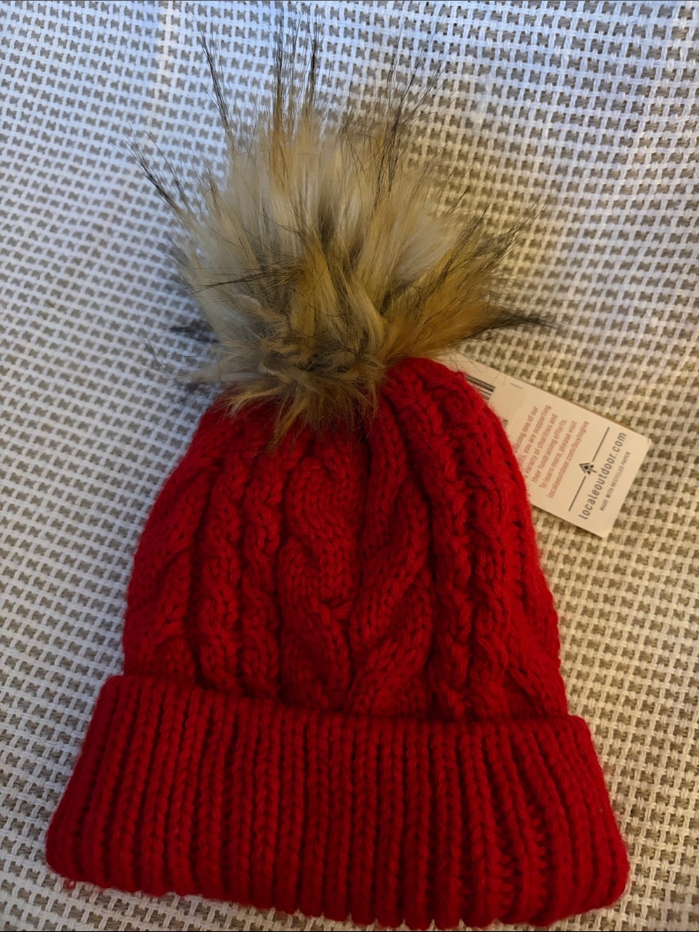 Locale Kids Red Cable-Knit Beanie with Faux Fur Pom